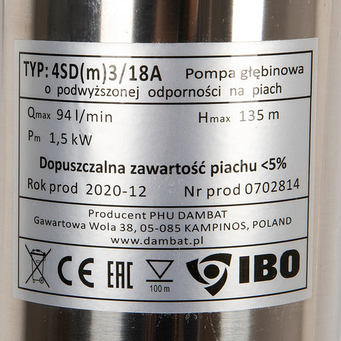 Pompa submersibila IBO Dambat 4SDM3/18, 1.5kW, debit 94l/min, H refulare 135m, racord 1½, rezistenta sporita la nisip